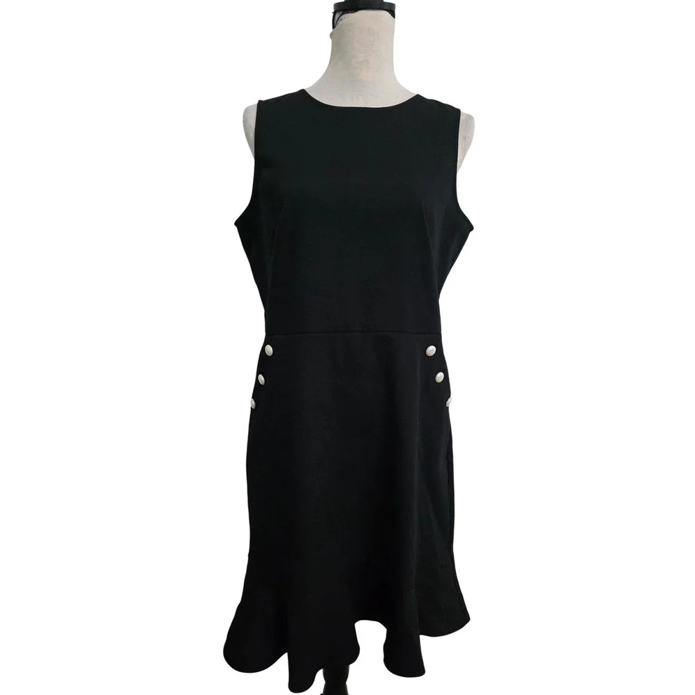 LOFT Women Black Sleeveless Ruffle Hem Pearl Button Sheath Dress Size 10